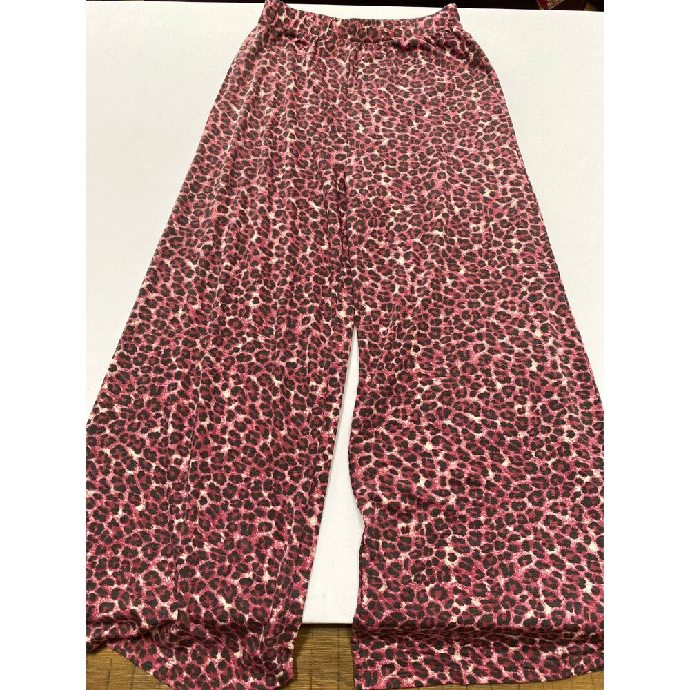 Zenana Pink/Black Leopard Print Wide Leg Pull On Pants L 29" Inseam